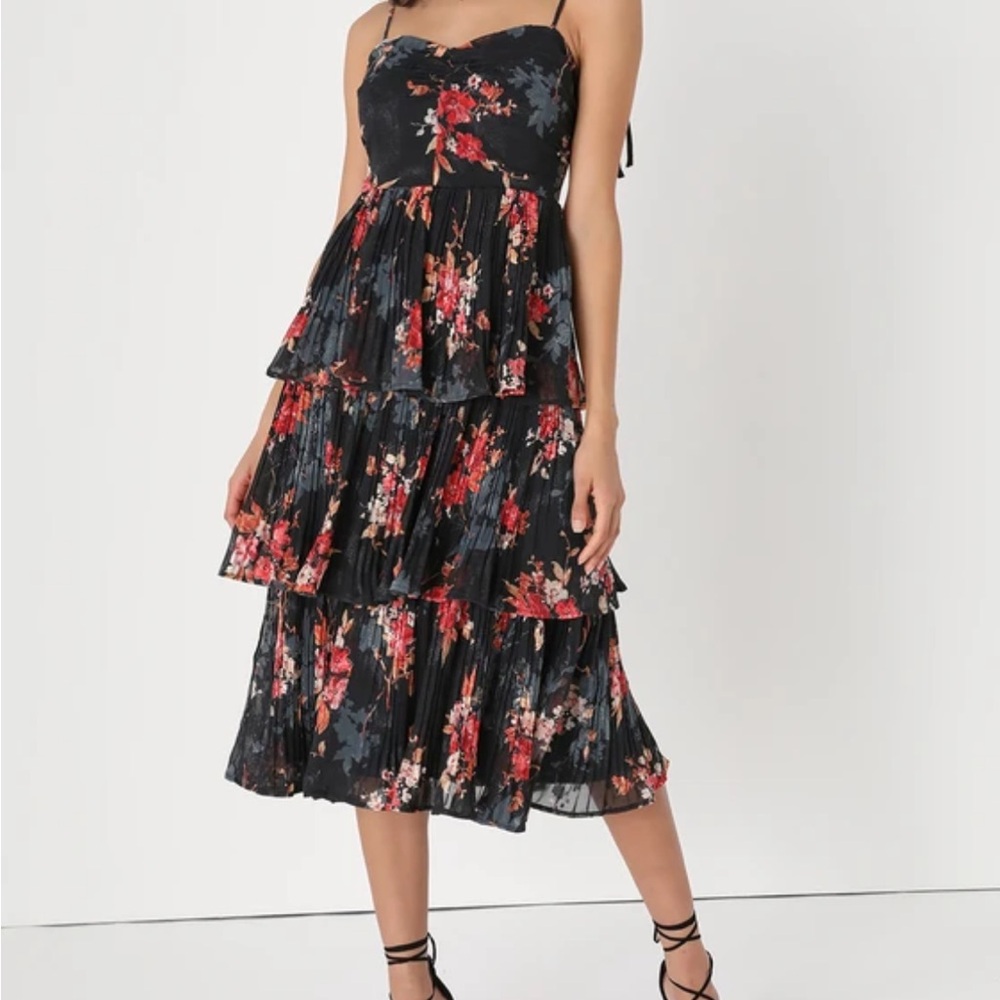 Tier to Stay Black Floral Print Tiered Tie-Strap Midi Dress